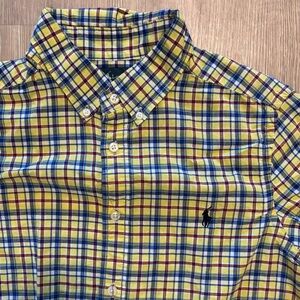 Polo Ralph Lauren Boys Large Plaid Button Down Shirt Yellow Blue Short Sleeve